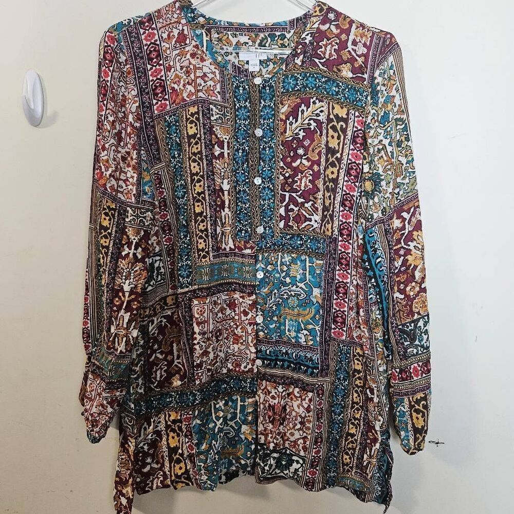 J. Jill Women Medium Long Sleeve Patchwork Eclectic Tunic Shirt Blouse Top
